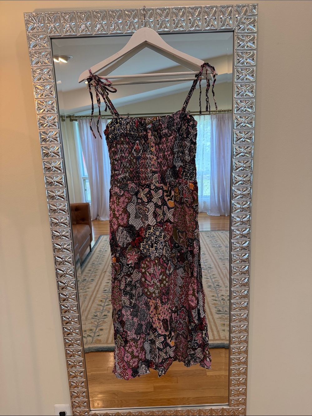 LOFT Floral Patchwork Smocked Tie-Shoulder Midi Dress 💙💕🖤